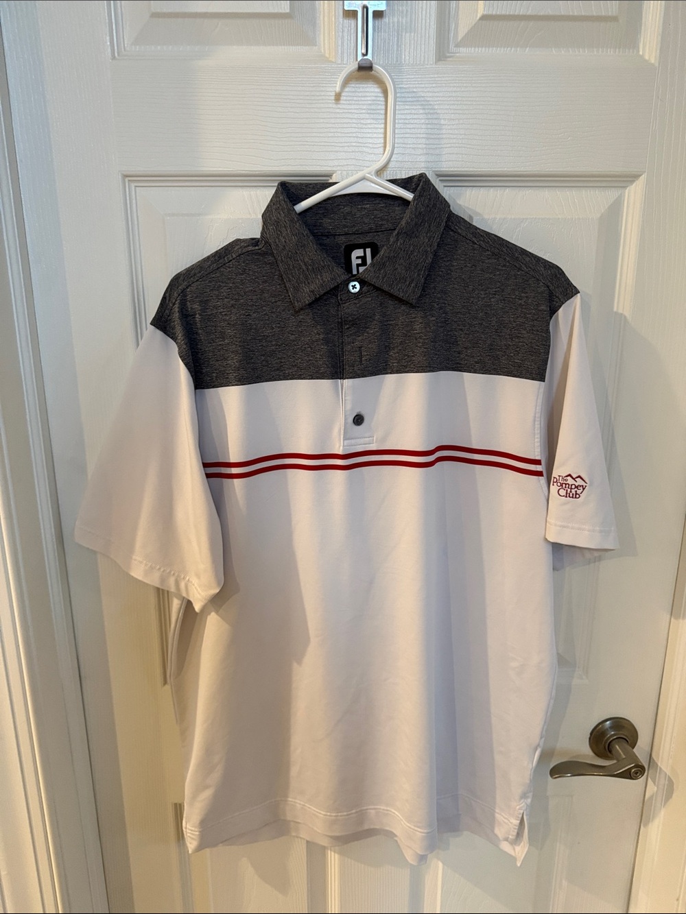 FootJoy Men’s White Polo with Charcoal Yoke and Red Stripe